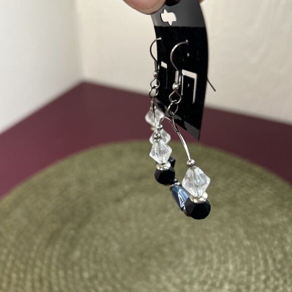 Hand Made Hoop Earrings Blue Black Clear Beads - Picture 2 of 3